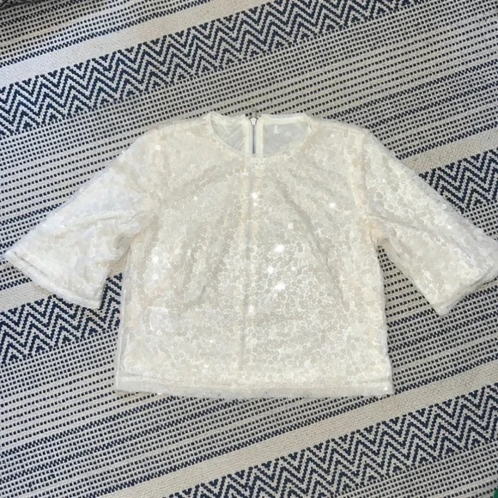 BCBG MaxAzria Ecru Sequin Crop Top 3/4 Sleeve Size M — Going Out Holiday